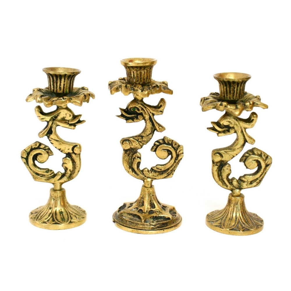 Set of Three Vintage Brass Dragon or Serpent Candlestick Holders